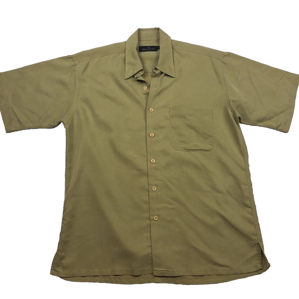 Bugatchi Shirt Mens M Mustard Modal Polyester Hawaiian style Button Short Sleeve